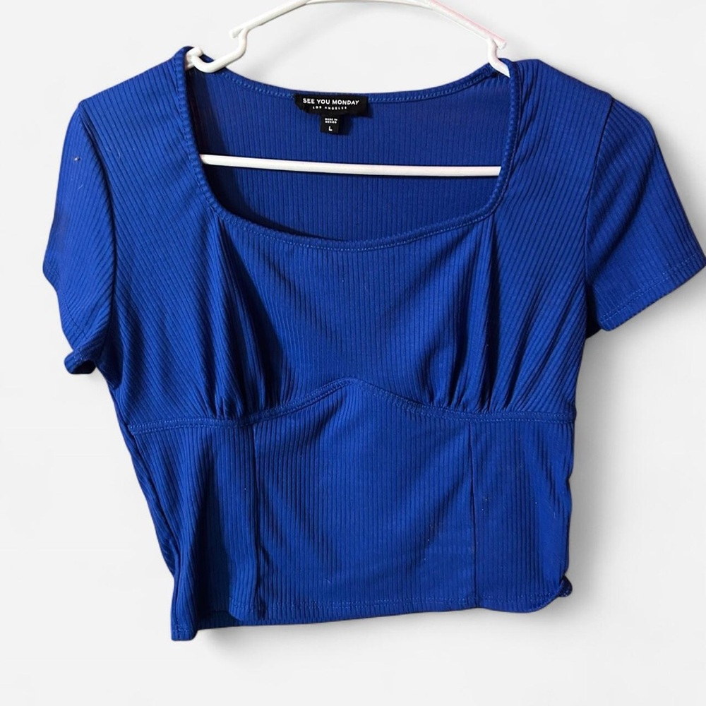 See You Monday Blue Ruched Crop Blouse